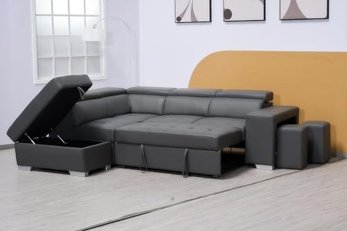 Grey Bonded Leather Settee - L Shape chase Left & Right Corner Sofa Bed -Living rooms Furniture With Storage And Stools & Ottoman (LEFT HAND SIDE)