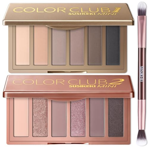 SUSIKEKI 2PCS 6 Colors Mini Eyeshadow Palette Makeup Set Neutral Nude Eye Shadow Pink & Brown Matte Shimmer Make Up Pallet with Mirror Highly Pigmented Travel Size Gift Kit