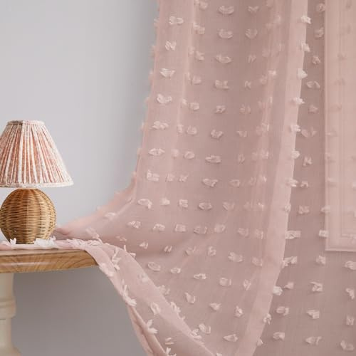 DANCURTON Pink Sheer Curtains 84 Inch Length for Living Room Girls Bedroom 2 Panels Light Filtering Transparency Cute Sheer Semi Curtains Boho Pom Pom Lovely Design Drapes Back Tab 52x84 Blush Pink