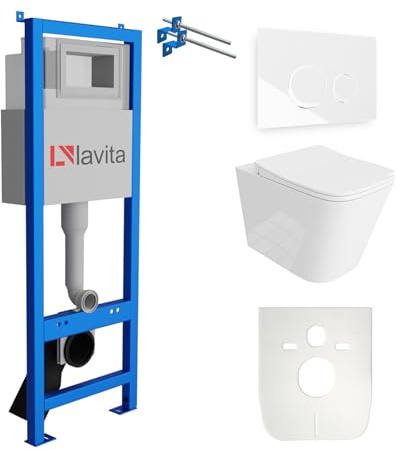 Lavita LAV 101 Bâti-support pour WC 40cm + WC suspendu à rinçage profond MAIO Blanc sans rebord + Plaque de commande LAV 200.4.1 Blanc + Abattant de WC avec système d’abaissement automatique Ensemble