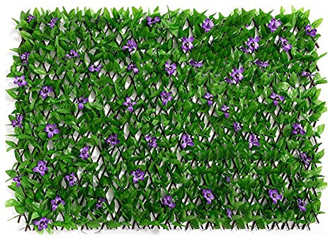 Treillis De Jardin avec Feuilles Artificielles,40x200cm Mur De Haie,Clôture D'intimité Extensible, Haie Feuillage Artificiel avec Fleur,Panneaux De Treillis De Jardin avec Feuilles