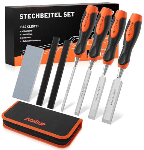 AojSup Wood Chisel Set, Professional Chisel Set Included 4X Wood Chisel(6mm, 12mm,19mm, 25mm), 2X Carpentry Pencils, 1x Whetstone, 1x Storage Bag, Perfect for Woodworking, Wood Carving & Sculpting