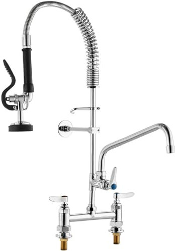 VEVOR Commercial Faucet with Pre-Rinse Sprayer, 26 Height, 8 Center, 12 Swing Spout, Deck Mount Kitchen Sink Faucet, Brass Constructed Device with Pull Down Spray, for 1/2/3 Compartment Sink