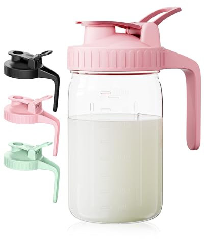 VA1KENE Jarra de leche materna de 32 onzas, 1 tarro de cristal Qurat con tapa abatible y boquilla de vertido, jarras de agua 100% herméticas a prueba de fugas para té helado de sol, jugo, café frío,