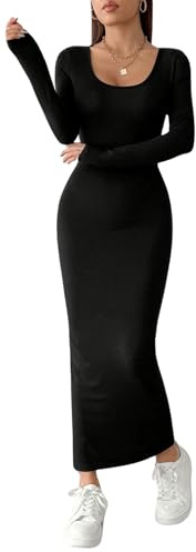 GORGLITTER Vestido Elegante para Mujer que Realza la Figura Vestido Maxi Elegante de Manga Larga para Mujer con Cuello en U Vestido de Punto Largo Vestido de Lápiz, Negro , M