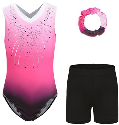 Body Ginnastica Artistica Bambina Ragazze - Body da Ginnastica Ragazze a Maniche Lunghe e Senza Maniche con Colori Sfumati Pantaloncini e Fascia per Capelli, Atletica Body per Bambini 5-14 anni