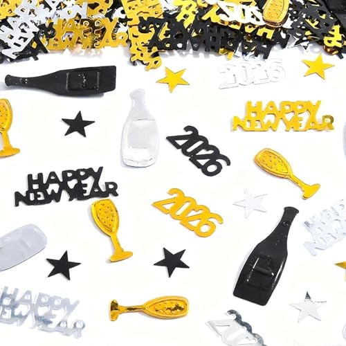 2026 New Years Eve Decorations Confetti, 2026 Happy New Year Table Confetti Black Gold Silver Star Scatters Table Decorations NYE Party Supplies Photography Props