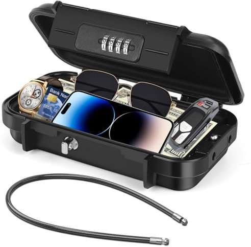 Coffre-fort Portable, Ambesty Petit Coffre Fort de Sécurité Étanche avec Câble Métallique Amovible, Coffre-Fort à Clés avec Combinaison, Boîte à Cadenas de Stockage de Clés pour Voyage, Bureau