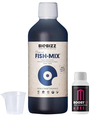 GROWMANIA Fish Mix di BioBizz 500 ml + Campione Boost Up Nutrients + Misurino | Fertilizzante biologico per giardini urbani | Nutrizione e crescita robusta