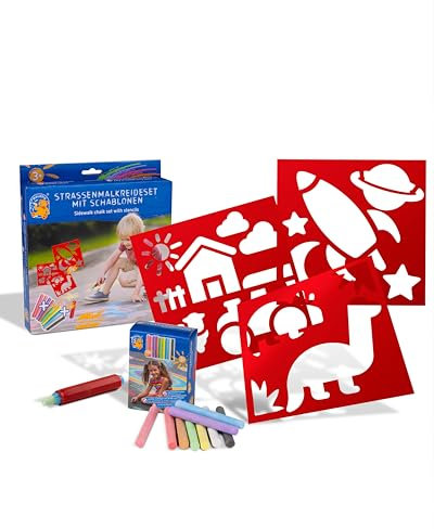 MALEFIX Straßenmalkreide Schablonen Set Adventure – 3 Schablonen, 18 Kreiden in 9 Farben, 1 Kreidehalter – Perfekt für kreative Kunstwerke auf Hof & Gehwegen mit Abenteuermotiven und Schablonenhilfe