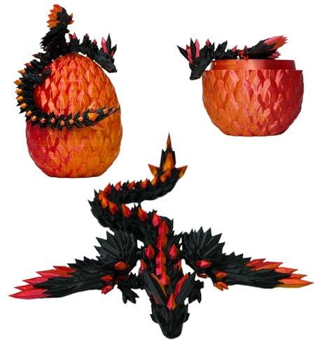 Dragon Articulé Ailé et Son Oeuf Imprimé en 3D Décoration Univers Fantastique Fidget Toy Jouet Idée Cadeau Unique Décoration d'Intérieur Maison Chambre Salon Enfant Figurine Ailes (Noir + Rouge Or)