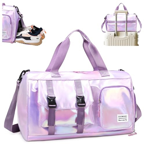 Tokeya Sporttasche Damen Reisetasche mit Schuhfach und Nassfach, Wasserdicht Schwimmtasche Frauen Glitzer Gym Bag Mädchen Leicht Faltbar Duffel Bag für Sport Fitness Training Reisen, Lila