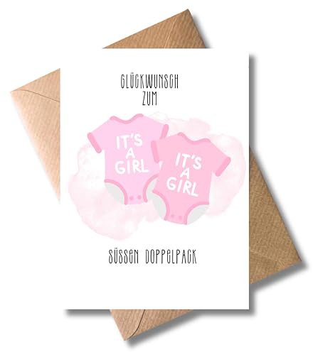 WBdesignz Congratulazioni per la dolce confezione doppia – Carino biglietto per la nascita di gemelle – con motivo It's a Girl e busta in carta kraft (DIN A6)