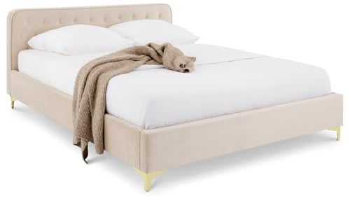 IDIMEX Lit Double Glamour Couchage 140x190 cm 2 Places, revêtement capitonné en Velours Blanc crème, avec sommier et Pieds en métal doré, Style Baroque