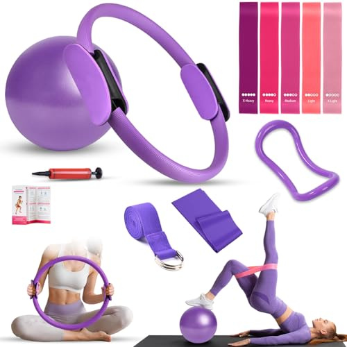 RIZENCE Upgraded Pilates Ring Equipment Set, Home Pilates Kit for Women with 15’’ Magic Ring with Dual Padded Handles, Yoga Ball, 5 Resistance Bands & Fitness Guide, Complete Pilates Essential Kit