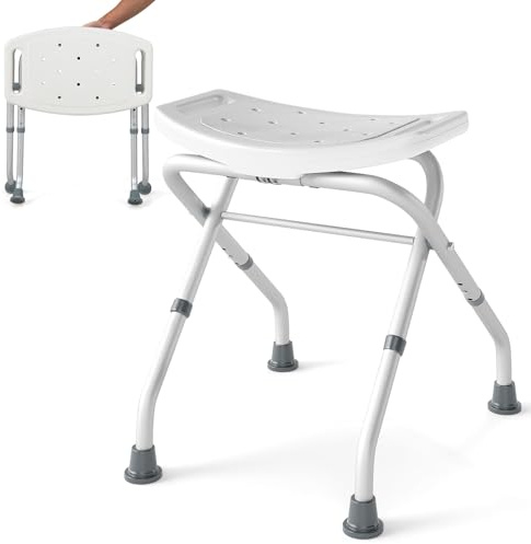 HOMASIS Taburete de Ducha Antideslizante Plegable en Altura de 3 Niveles, Taburete de Baño de Pie con Asiento en Forma de U, para Mayores, Discapacitados, Capacidad de 150 KG (Blanco y Gris)