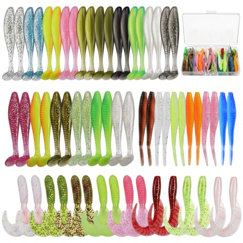 Nogeqi 60 stycken gummifiskbeten, fiskebete, 6/6,5/7/7,5 cm, gummibete, öringbete, gummifisk, gös, paddle svans, fiskelures för gädda, abborre, gös, öring