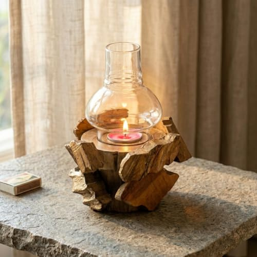 Kinaree värmeljushållare med glas 20 cm teakrot trä bordsdekoration rustik rustik rustik ca. 20x13x13 cm naturlig