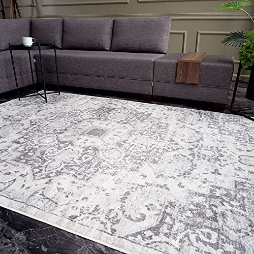 THE RUGS AREA RUG LIVING ROOM BEDROOM LARGE SMALL VINTAGE SOFT SHORT PILE BORDERED CLASSIC ORIENTAL DESIGN TRADITIONAL PERSIAN MOROCCAN BOHO CARPET- LARGE 160X230 CM, GREY MEDALLION DESIGN