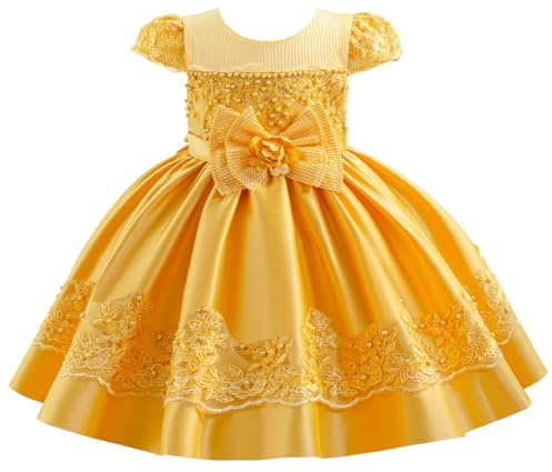 YOSICIL Enfants Fille Robe de Première Fête d'anniversaire Communion Baptême Fête d'halloween Noël Cosplay Soirée Carnaval Princesse Longue en Dentelle Photographie Costume，Jaune,100
