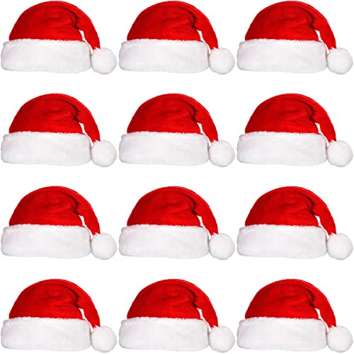 MULEVIP Gorros Navidad 12 Pcs Gorro papa Noel Gorro de Navid,Gorros Navideños Adultos,Gorro de Navidad Unisex Adecuado para Fiestas Navideñas y Juegos de Rol Navideños - Rojos - 28 × 38cm