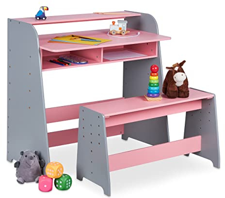 Relaxdays Bureau Enfant avec Banc, 2 Compartiments, Hauteur Table réglable, HxLxP: 88 x 90 x 48 cm, Rose-Gris