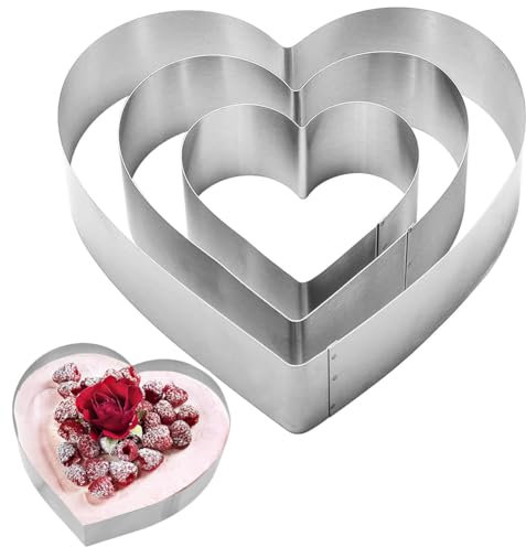 Gohytal Backrahmen Herz,3er Herzbackform Herz-Tortenring Edelstahl Herzform Backform Verstellbar mit Skala für Valentinstag Tortenzubereitung Backen Schichtkuchen Hochzeit Schichtkuchen Cake-6cm