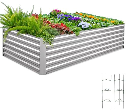 Quictent Hochbeet Metall 244x122x56cm, Wetterfestes Erhöhte Extragroße Pflanzenbeet, Gemüsebeet Pflanzkasten Frühbeet mit Tomatenkäfigen, Gartenbeet für Garten,Silber