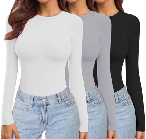 Ekouaer Womens Long Sleeve Tops Thermal Tee 1&3 Pack Black + Light Grey + White L