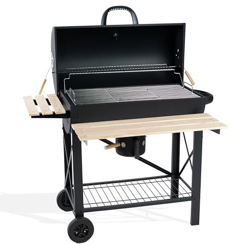 Ravigarden Barbecue Charbon de Bois XXL avec Couvercle | Barbecue à Charbon Américain | Barbecue Extérieur avec Grille 71x38 cm | 2 Tablettes en Bois Rabattables | Récupérateur de Cendres