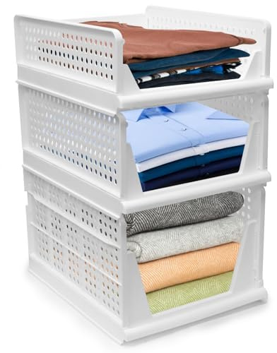 BOODPET Organizador de almacenamiento para armario, 3 cestas de almacenamiento apilables para armario, hogar, oficina, baño, contenedores de plástico transpirables y duraderos con 3 tamaños para