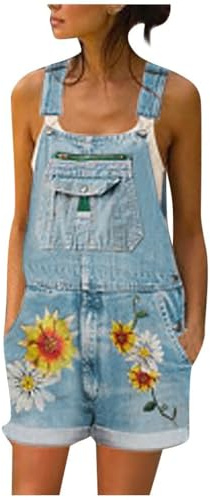 Salopette en jean Ample Femme Boho Combinaison courtes avec Poches Pantalon d'été Rétro Fleurs Barboteuses Salopette en Jean Long Pantacourte Large short à Bretelles