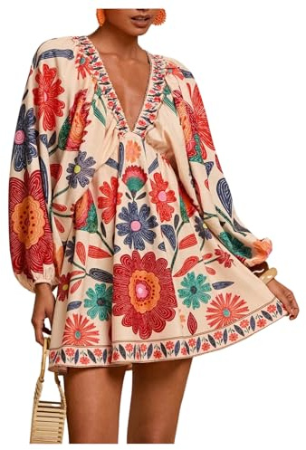 WDIRARA Women's Boho Floral V Neck Short Dress Lantern Sleeve Tie Back Flowy Tropical Dresses Multicolor Boho Large
