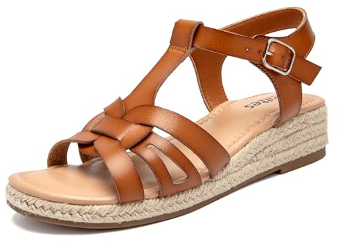Veittes Sandales compensées à plateforme pour femmes,Sandales compensées d'été à bout ouvert confortables et décontractées, à bride en T et à fermeture à boucle,Marron clair,41 EU,2507007