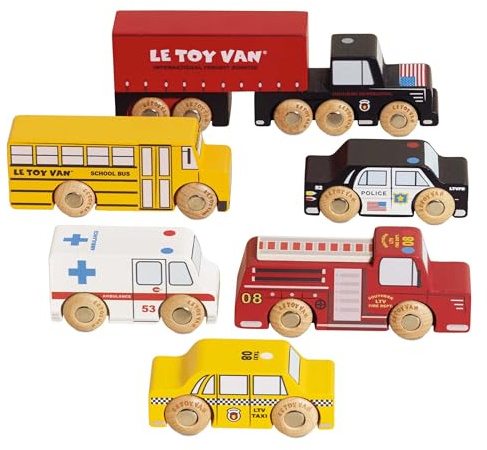 Le Toy Van Wooden New York Car Set With Yellow Taxi, School Bus, Fire Engine, Police Car, 10 Wheeler Truck And Ambulence