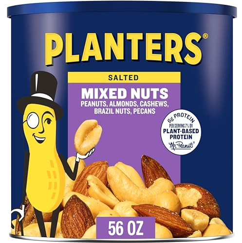 PLANTERS Salted Mixed Nuts, Peanuts, Almonds, Cashews, Brazil Nuts and Pecans, Party Snack, Plant-Based Protein, Quick Snack for Adults, After School Snack, Bulk Nuts, Kosher, 56oz Canister