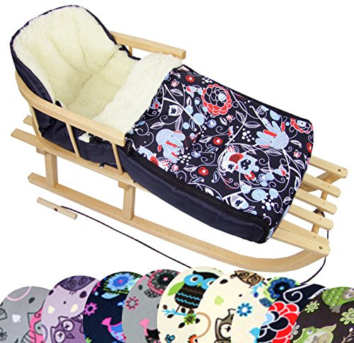 BambiniWelt Kombi-erbjudande träsläde med ryggstöd och draglina universell vinter fotväska (90 cm), även lämplig för barnskål, barnvagn, buggy, av ull i uggledesign (uggla §9)