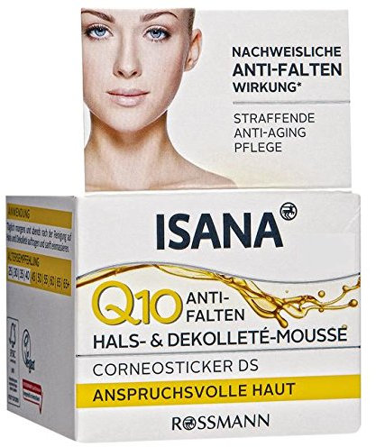 ISANA Q10 Anti-Falten Hals- & Dekolleté-Mousse 50 ml für anspruchsvolle Haut, Corneosticker DS, straffende Anti-Aging Pflege, nachweisliche Anti-Falten Wirkung