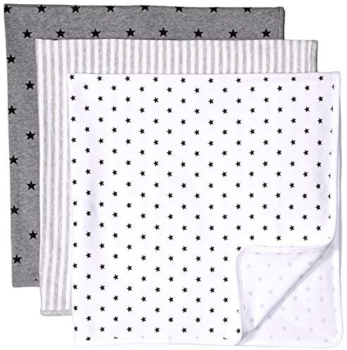 Amazon Essentials Unisex Baby Wickeltücher, 3er-Pack, Dunkelgrau Meliert/Hellgrau Vertikale Streifen/Weiß Sterne, Einheitsgröße