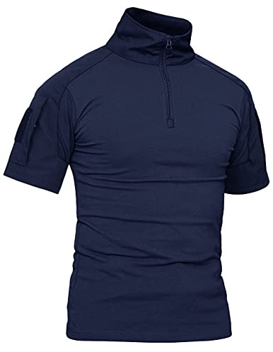 KEFITEVD Uomini Slim Fit Militare Tattico Tattico 1/4 Frontale Zip Camouflage Airsoft Camicie Outdoor Combattimento T Shirt, blu marino, XXL