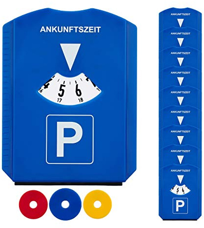 Relaxdays 80 x Parkscheibe im Set, Eiskratzer, 3 Einkaufswagenchips, Gummilippe, Parkuhr Auto, StVO, Kunststoff, Parkkarte, blau