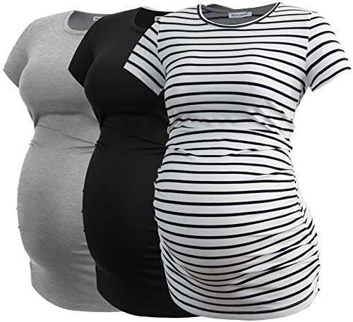 Smallshow Maternity Clothing Tops Side Ruched Pregnancy Clothes for Women 3-Pack Black/Grey/White Stripe XXL