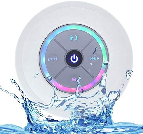 JUSTOP Rainbow LED Bluetooth Shower Speaker With FM Radio, IP67 Portable Fully Waterproof, Hands-Free Speakerphone. Rechargeable Using Micro USB, Perfect Speaker for Golf, Beach, Shower & Home (White)
