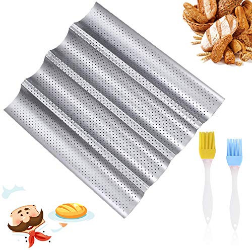 Teglia per baguette,Teglia per baguette in acciaio INOX,Teglia per Stampi da Forno con Bastoncino Forato Antiaderente,per Posizionare e Cuocere 4 Baguette Francesi (Argento)