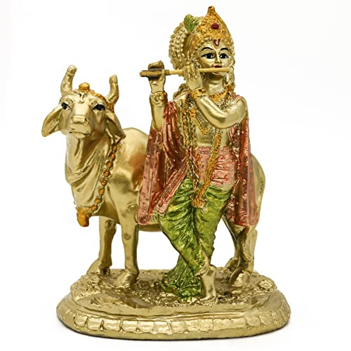 alikiki Statue du Dieu Hindou Krishna – 13 cm H bébé Krishna Idol avec Vache Nandi Statue Indien Diwali Mandir Murti Pooja Article Maison Bureau Autel Sanctuaire Puja Décor