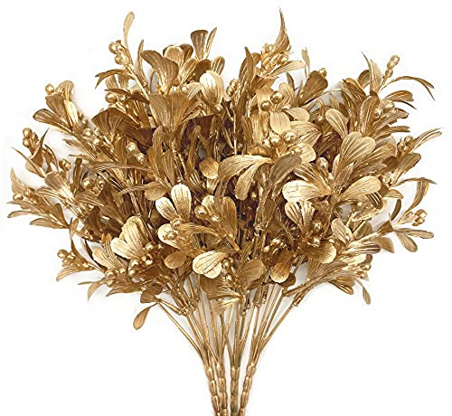 PASYOU Fake Plants Christmas Decorations, Golden Artificial Flowers Plastic Grass Shrubs Leaves Indoor Outdoor Home Garden Party Hotel Verandah Wedding Event Bouquet Faux DIY Decor - Gold 4 Pack