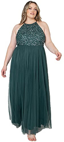 Maya Deluxe Damen Abendkleid Pailletten Cocktailkleid Tüllkleid Kleid Nackenband Elegant Für Hochzeit Brautjungfernkleid Bridesmaid Dress, Emerald Green, 46 EU