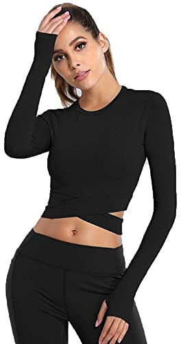 T-Shirts de Sport pour Femme Manche Longues Croisé Haut Court avec Trous pour Les Pouces Tee Shirt de Yoga pour Pilate Entraînement Fiteness Running