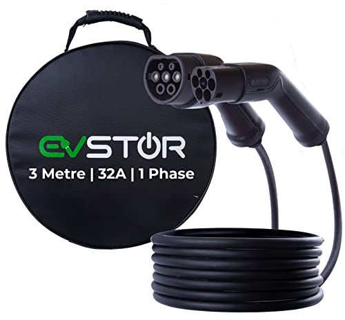 EVSTOR EV/Electric Vehicle Charging Cable | Type 2 to Type 2 | 3 metre | 32 Amp | Single Phase | 7.6KW | IEC 62196-2 | Mode 3 | FREE Carry Bag (3 metre)