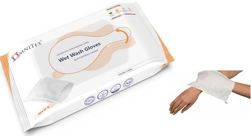 10pk Omnitex Rinse Free Bed Bath Wet Wash Gloves - Microwaveable | With Dimethicone Barrier Cream, Aloe Vera & Vitamins | Bed Bath Incontinence Wipes in Rectangular Mitt Shape | Paraben & Alcohol Free